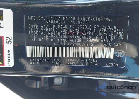 2022 Toyota Camry Se from USA, damaged, VIN 4T1G11AK2NU624878